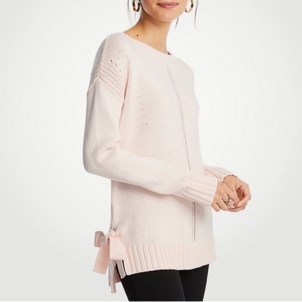 Ann Taylor Loft Cotton Light Pink Knit Crewneck Sweater Side Tie Size XS